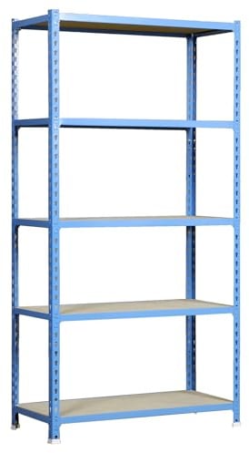Simon Rack Metallregal 2000x1100x300 mm - Maderclick | 5 Höhen, Holzablage, Biegepunkt 200 kg, Korrosionsschutzlackierung, Klicksystem-Montage, Blau