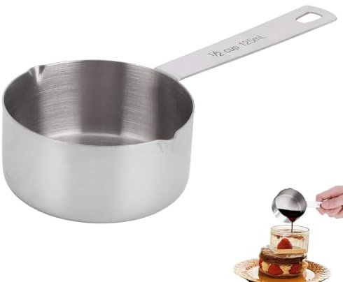 Stainless Steel Measuring Cup, Metal Measuring Spoons with Scales Storage Rings Dual Pour Mouth Measuring Scoop Kitchen Supplies(1/2 Measuring Cup)