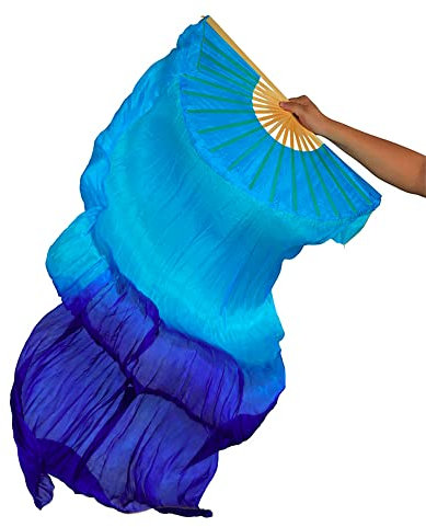 TMZAQH Damen 1 Stück rechte Hand Echte Seide Lang Bauchtanz Fan Schleier 150 x 90 (Türkisblau)