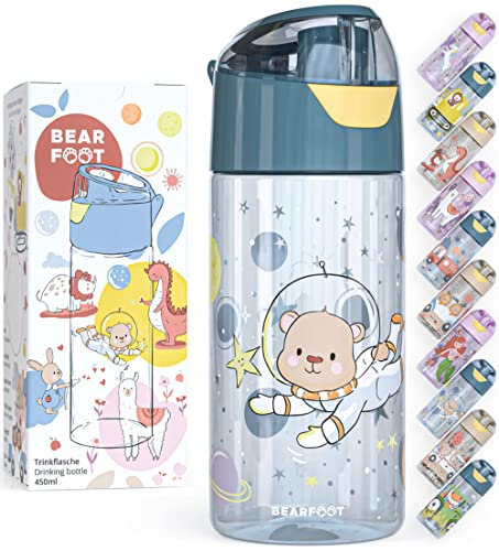 BEARFOOT Trinkflasche Kinder 450ml, leichte Tritan Wasserflasche, BPA frei, auslaufsicher, Kohlensäure geeignet, spülmaschinenfest für Jungen, Mädchen, Kindergarten - (Blau - Astrobär)