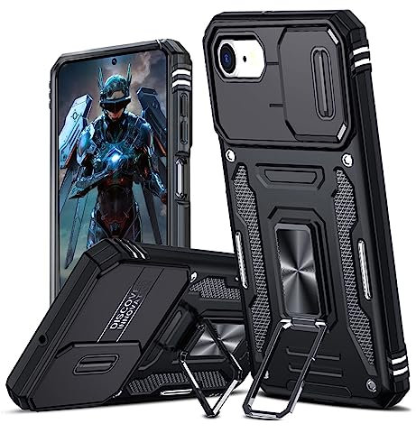TUUTPU Coque pour iPhone 8/7/SE 2020/2022 avec Couvercle Coulissant de Caméra, Étui de Support 360° Rotatif Anneau Militaire Dur PC Armor et TPU Silicone Antichoc Anti Rayures Housse, Noir