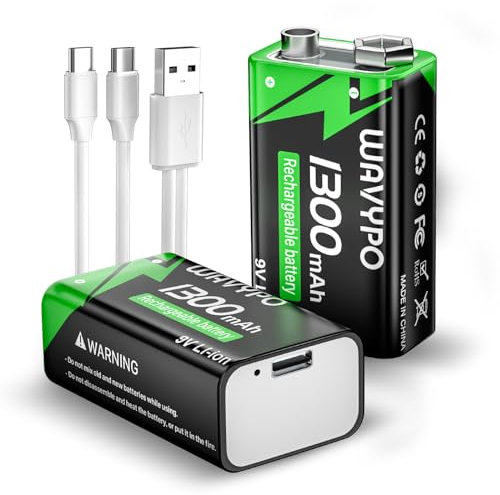 9V Rechargeable Batteries,1300mAh Lithium Batteries USB-C Charge with 2 in 1 Charging Cable for Smoke Detectors, Alarms, Microphone, Electronic Toys, Medical Devices etc (2 Pack)