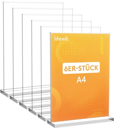 Lifewit 6 Pack A4 Acryl Schilderhalter, transparenter vertikaler doppelseitiger Ständer, Tischschildhalter, Flyer Display für Empfang, Büro, Geschäft, Restaurant, Hotel