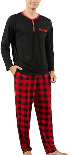 Yukiuiny Pyjama Homme Coton Ensemble Hauts de Pyjama Tee Shirt Col Rond Boutons Manches Longues Vêtements d'Intérieur Plaid Carreaux Vêtements de Nuit Grande Taille Confortable Noir Rouge+Carreaux XL