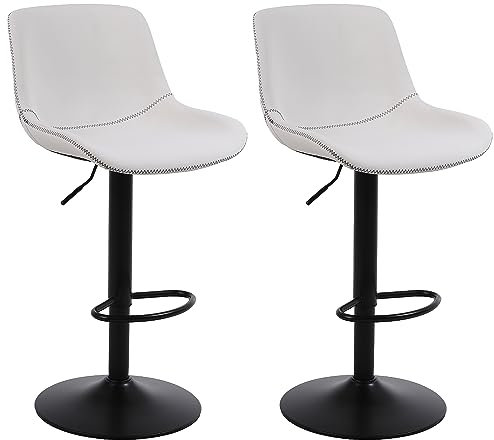 Ermnois Juego de 2 taburetes Altos de Cocina taburetes de Bar giratorios con Respaldo,sillas de Bar Modernas Ajustables,Taburete Alto sin Brazos de Piel sintética para Isla de Cocina,Color Blanco