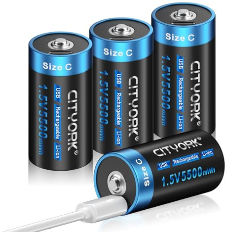 CITYORK USB Pile C Ricaricabili agli ioni di litio, 4 HR14 Baby C batterie da 1,5 V, 5500 mWh con cavo di tipo C