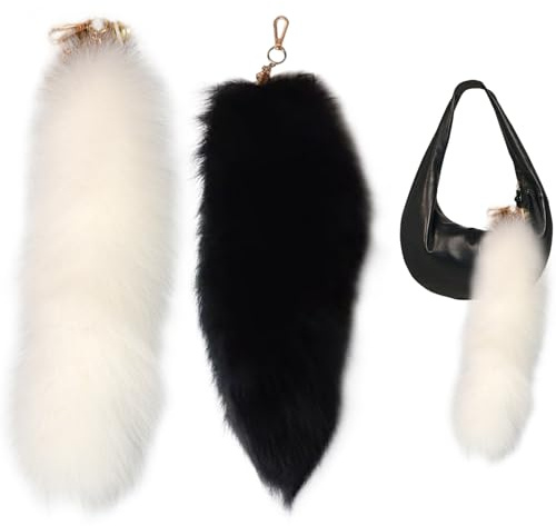 Pastoralist Fox Tailfox Tail 2pcs 16 Pouces de la Queue Duveteuse Keychain Furry Faux Fur Tail avec Fermoir réaliste décoratif Thérian Tournue pour Le Sac à Main Cosplay, Blanc + Noir