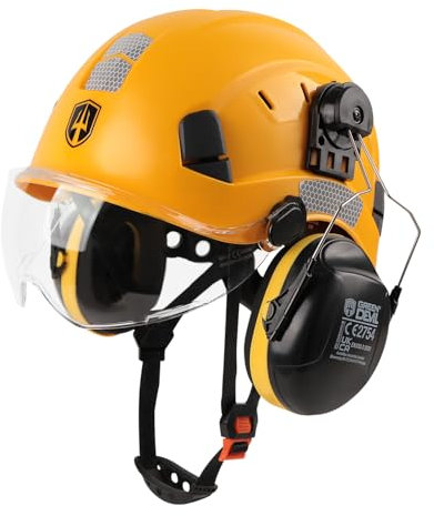 GREEN DEVIL Casco de trabajo con visera transparente y protección auditiva orejeras ajustable ABS casco de seguridad ventilado con casco industrial EN 397 (amarillo)