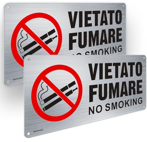 Ashoaza VIETATO FUMARE No Smoking Alluminio Resistente per Esterno e Interno (Cm 29x13) (2 Pezzi Cartello Vietato Fumare) Riflettente, impermeabile e resistente ai raggi UV