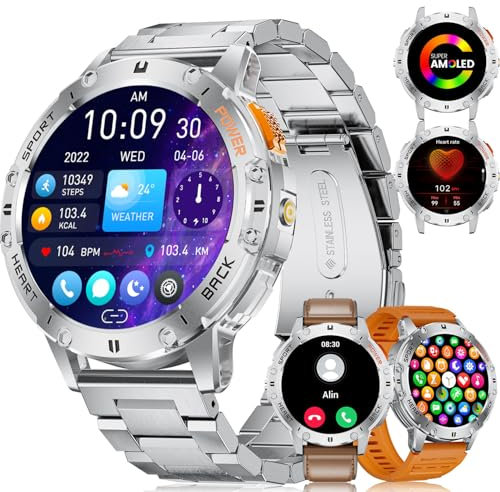 Smartwatch Uomo-Torcia LED,3 cinturini,530 mAh,1.43 AMOLED Orologio Smart Watch Militari con 120+ Modalità Sportive 5ATM Impermeabile,Sonno/Cardiofrequenzimetro per Android iOS