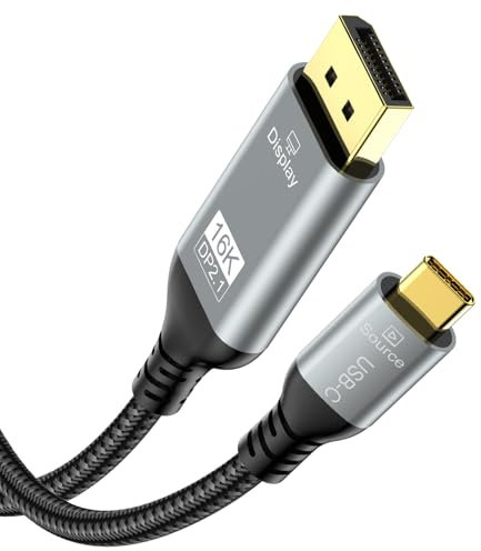 Angusplay Câble USB C vers DisplayPort 2.1, 16K 30Hz 8K 60Hz 4K 240Hz 40Gbps, Thunderbolt 4/3 vers DP Cable 2.1, Compatible avec Macbook Pro/Air pour Macbook iPhone 16/15 Pro Max, 3M