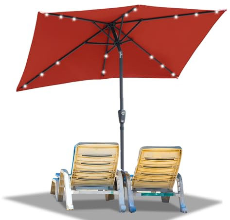 Ollewiellan Parasol rectangulaire 210 x 140 / 300 x 200 cm avec manivelle - Parasol de jardin déporté rectangulaire - Protection solaire UV50+ - Pliable - Imperméable - Sans support, rouge avec LED