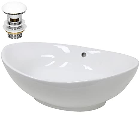 LuxeBath Waschbecken Keramik 590x390x200 mm, oval, Weiß mit Ablaufgarnitur Weiß, Aufsatzwaschbecken für Badezimmer/Gäste-WC, Modernes Aufsatzbecken, Waschtisch Waschschale Waschplatz Handwaschbecken