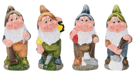mucHome 4er Set Gartenzwerge, Höhe 20cm, wetterfeste Keramik, Zwerge bei der Gartenarbeit - Zwerg Gnom Wichtel für den Garten Gartendeko
