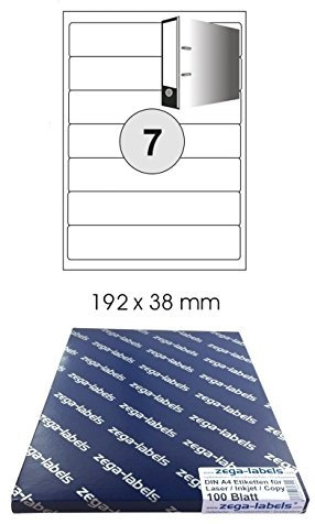 700 Ordnerrücken-Etiketten 192 x 38 mm selbstklebend auf DIN A4 Bögen (1x7 Etiketten) - 100 Blatt Pack - Universell für Laser/Inkjet/Kopierer einsetzbar - 192x38mm 7-teilig