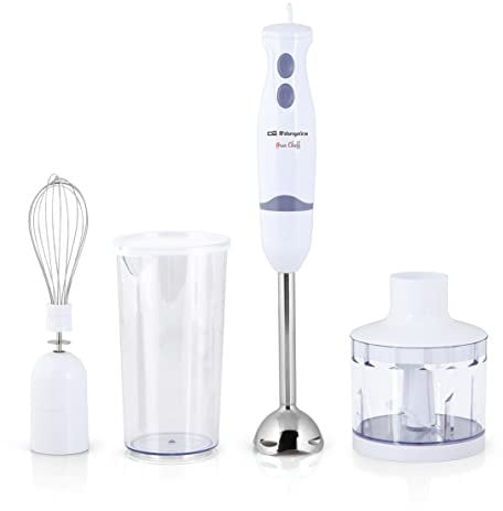 Orbegozo BT 1320 - Batidora de mano, incluye accesorio para picar, varilla para montar y vaso medidor, 400 W de potencia, 2 velocidades, Blanco