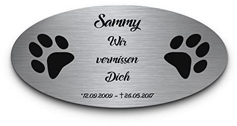 Gedenkstein Grabstein aus V2A Edelstahl Grabplatte mit Gravur 21x10 cm oval Gedenktafel für Menschen oder Haustiere Hund Katze personalisiert Gedenkplatte Grabschmuck Andenken wetterfest