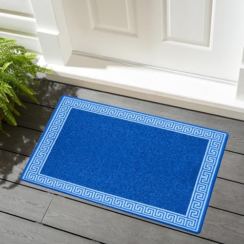 renoazul® Door Mat Non-Slip Washable Dirt Trapper Floor mat having Indoor Outdoor Utility, Kitchen and large yoga Anti Slip Mats | 50 x 80 cm - Greeky Rug - Blue & Cream