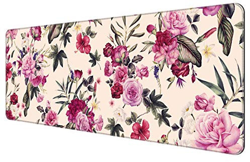 Dynippy Dünnes erweitertes Gaming-Mauspad mit genähten Kanten, großes Mauspad mit langer XXL-Tastatur und Mauspad, Schreibtischunterlage für Gaming Büro und Zuhause – Vintage rosa Blumen