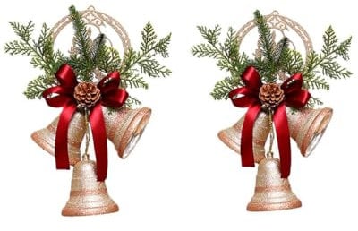 HJHIWE 2 Pack Glitter Christmas Bells Ornaments Pendant, 13.8 Inch Extra Large Hanging Jingle Bells Xmas Bell with Ribbons, Pinecones and Pine Needles for Christmas Tree, Door, Home Decor.