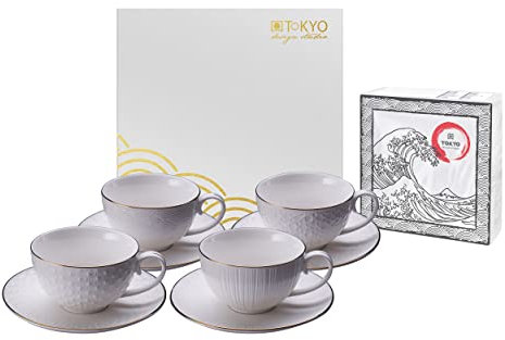 TOKYO design studio Nippon White Lot de 4 tasses blanches avec soucoupes à bord doré, diamètre 10 cm, hauteur 6 cm, 250 ml, porcelaine asiatique, design japonais, emballage cadeau inclus