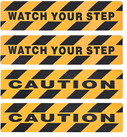 Aufkleber mit Aufschrift Caution Watch Your Step, abriebfest, selbstklebend, Anti-Rutsch-Warnschilder, schwarz und gelb, rutschfest, für Treppen, Arbeitsplatz, Heimsicherheit, 15,2 x 61 cm, 4 Stück