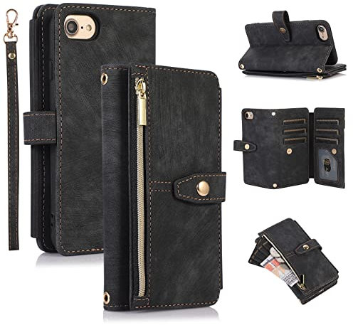 UEEBAI Hülle für iPhone SE 2022 5G/iPhone 7/iPhone 8/iPhone SE 2020, 9 Kartenfäche Retro Geldbörse Stoßfest Flip Case Handschlaufe Reißverschluss Handyhülle Wallet für iPhoneSE3/SE2 -Retro Schwarz