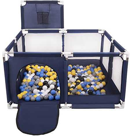 Selonis Laufstall Mit Korb Und 100 Bälle Laufgitter Für Kinder, Blau:Schwarz/Weiß/Grau/Blau/Gelb