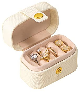 JIHUOO PU Leather Small Travel Jewelry Case Mini Ring Storage Box Portable Jewelry Box Organizer Display Case for Earrings Rings White