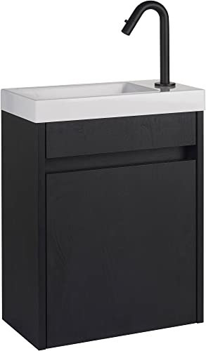 Saqu Florence Waschbecken mit Unterschrank Vormontiert - in Eichen Schwarz mit Mineralmarmor-Waschbecken und schwarzer Armatur - Kleines Gäste WC Bad Möbel mit Waschtisch