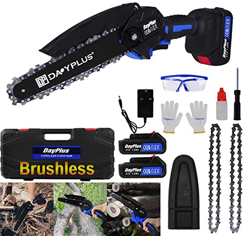 Mini Chainsaw 6 Inch with 2 Batteries, Brushless Cordless Power Electric Chain Saws with Security Lock, One-Hand Operation Small Electric Chainsaw Cordless Chainsaw for Wood Cutting Tree Trimming