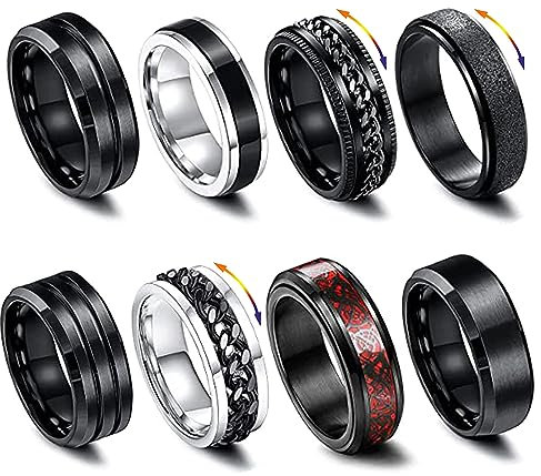 LOCCY 8 Stück Männer Edelstahl Spinner Ringe, Schwarze Spinner Kette Link geformt Band, Edelstahl Spinner Ring Set für Männer Frauen, 8mm breit (65(21.5))