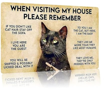 Funny Black Cat Rules Metal Sign 8x12,When Visiting My House Please Remember,Home Decor for Cat Lover, Retro Room Decor Caution Sign