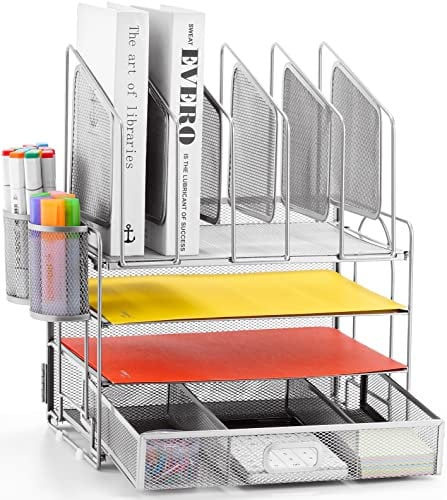 Marbrasse Desk Organiser Tray,4-Tier Paper Letter Tray Organiser with Drawer,5 Vertical File Holders and 2 Pen Holders,Mesh Desktop Organizer Storage for Home Office Supplies(Silver)