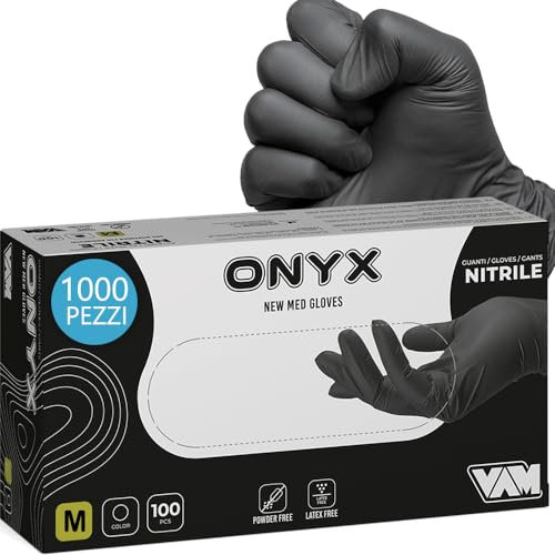 GM 1000 Guanti Nitrile Neri M senza polvere, senza lattice, ipoallergenici, Guanti Monouso Nitrile per Estetisti, Tatuatori, Manipolazione degli Alimenti guanti monouso