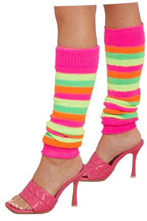 Women’s Girls Ribbed Knitted Striped Leg Warmers Ultra Soft 1980s Dance Legwear Fancy Dress Party Accessories - Ladies Stretchy Leg Warmers For Sports Yoga Rainbow