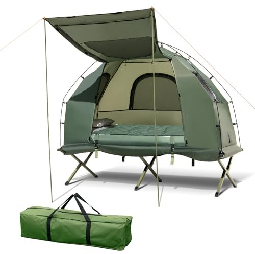 GOPLUS Feldbett mit Zelt für 1 Personen, 5 in 1 Campingzelt wasserdicht mit Sonnenschutz, Luftmatratze, Kissen, Schlafsack & Tragetasche, Campingliege Campingbett zum Wandern und Picknick