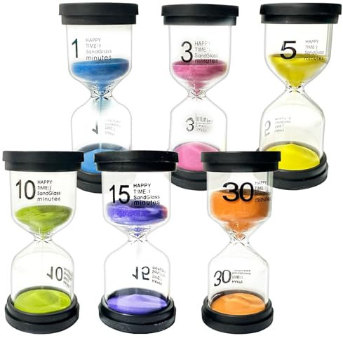 Minuteur sablier 6 Couleurs, Colore kit en Verre Transparent,Sable Horloge1 Min/3/5 /10/15 /30 Min,Sablier pour Enfant, Apprentissage, Jeu, sablier de chronométrage