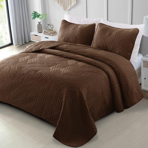 Exclusivo Mezcla Ultrasonic Tagesdecke, Leichte Bettüberwurf Steppdecke | 240x260 CM Tagesdecke Bettüberwurf mit zwei Kissenbezüge, geometrische Wohndecke als Überwurfdecke für Wohnzimmer, Braun