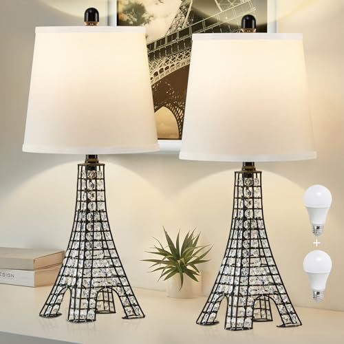 Juego de 2 lámparas de mesa de cristal, lámpara de mesa con base de torre de París, lámparas de escritorio negras, lámparas de mesa de noche modernas para salón, dormitorio, 2 bombillas incluidas