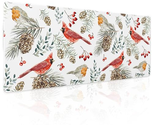 Christmas White Gaming Mouse Pad XL Red Cardinal Birds Pinecone Berry Leaves Extended Large Desk Mat Non-Slip Rubber Base Stitched Edge Long Keyboard Mousepad for PC Computer Laptop,31.5×11.8 Inch