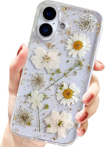 AMART for iPhone 16 Case Flowers, Clear with Pressed Dried Flower Cute Glitter Design Women Girls Floral Aesthetic Soft TPU Phone Cover for iPhone 16 (6.3 inch)