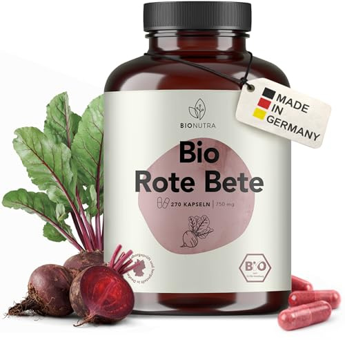 BIONUTRA Bio Rote Bete Kapseln, 270 Stk. à 750 mg, hochdosiert | aus deutscher Bio Rote Bete, rückstandskontrolliert, ohne Zusätze, vegan, deutsche Herstellung