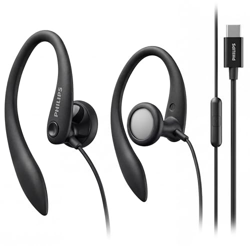 Philips Crochet d'oreille filaire avec microphone, écouteurs de sport supra-auriculaires à ajustement sécurisé, basses profondes de 15 mm, commandes en ligne, écouteurs Plug-and-Play (noir, USB-C avec