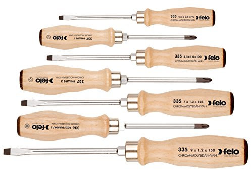 Felo Schraubendrehersatz mit Holzgriff und durchgehender Klinge, 7-teilig/4xSL 4,5,5,09,0mm / 2xPH 1 und 2 /1x PZ 1