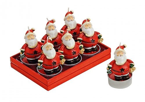 TEELICHT-SET 6TLG SANTA 6X4CM Teelicht Weihnachtsmann Nikolaus bunt 6er Set ca. 7 x 4 cm in Geschenkbox Holz/ Kunststoff