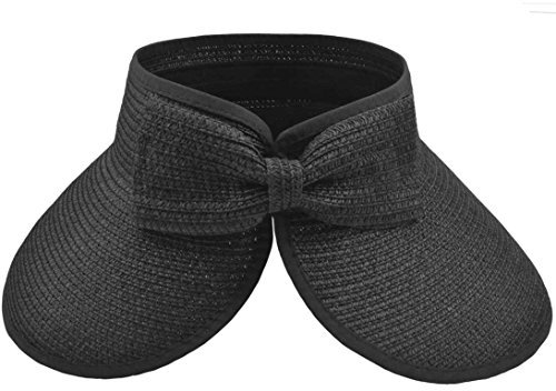 Chapeaux de plage pour femme, chapeau de paille pliable avec large bord et queue de cheval pour protection UV et voyage d'été SM01, noir, Taille unique