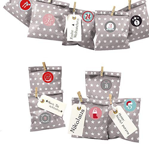 Frau WUNDERVoll® DIY Adventskalender zum Befüllen Bescherung, grau/taupe - weiße Sterne Papiertüten 13x16,5cm, Ziffern bunt pastell/Weihnachten Aufkleber Advent Kalender Kinder Geschenkbeutel