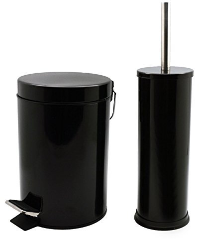 Harbour Housewares 3L Bathroom Bin & Brush Set - Black - 2pc Round Stainless Steel Pedal Bin & Toilet Brush Set Slim Small Trashcan for Kitchen Waste, Bathroom Rubbish