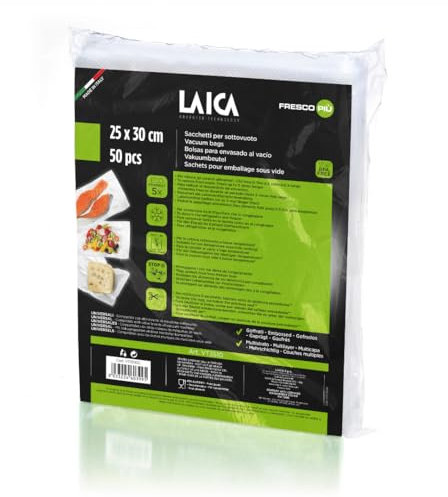 LAICA Vakuumbeutel – 50 Stücke (25x30 cm), BPA‑frei, Frisch bis zu 5x länger, Kühlschrank-/Gefrierschrankgeeignet, Sous‑Vide & Kochhitze bis 100 °C, kompatibel mit Laica & Universal‑Vakuumiergeräten